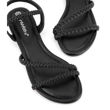 Greatonu Women's Flat Sandals Summer Braided Slip On Gladiator Sandals Open Toe Strappy Slingback Shoes Black Size 5.5