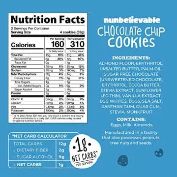 Nunbelievable Keto Chocolate Chip Cookies, Delicious Low Carb Desserts and Snacks, No Added Sugar, Guilt-Free Keto Desserts, Diabetic snacks for adults with no sugar 2.26oz (4 Count)