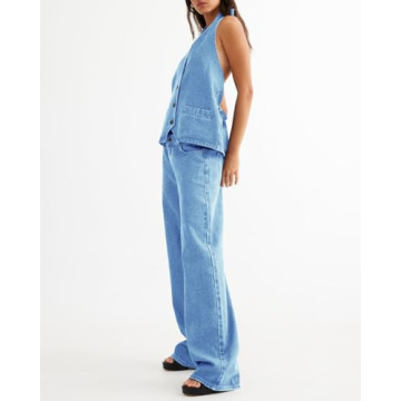Fisoew Women's Denim Two-Piece Set Backless Tank Wide Leg Jeans