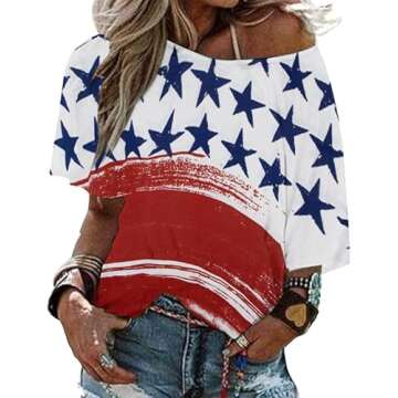 LUKYCILD American Flag Off The Shoulder Shirt Stars and Stripes Shirts Patriotic T Shirts Short Slee...
