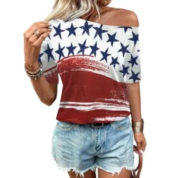LUKYCILD American Flag Off The Shoulder Shirt Stars and Stripes Shirts Patriotic T Shirts Short Sleeve Summer Tops