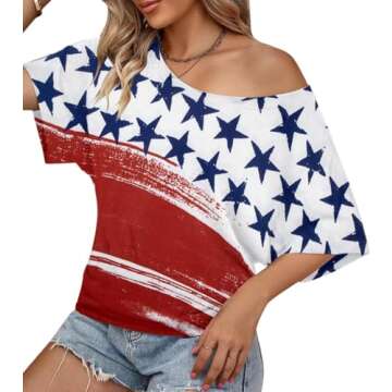 LUKYCILD American Flag Off The Shoulder Shirt Stars and Stripes Shirts Patriotic T Shirts Short Sleeve Summer Tops