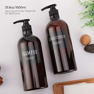 Empty Plastic Bottles with Labels, Segbeauty 33.8oz Large Brown Shampoo Conditioner Reusable Dispens...