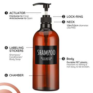 Empty Plastic Bottles with Labels, Segbeauty 33.8oz Large Brown Shampoo Conditioner Reusable Dispenser, 2 Packs of 1000ml Refillable Shower Lotion Pump Press Bottles for Bathroom Hand Soap Body Wash