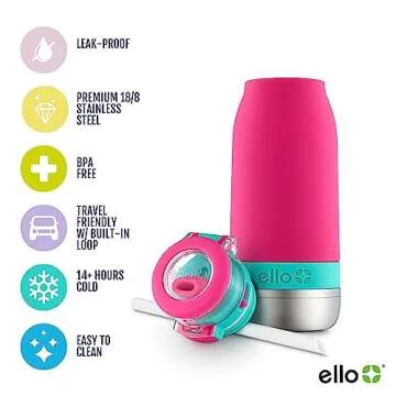 Ello Emma Vacuum Insulated Stainless Steel Water Bottle with Locking Leak Proof Lid and Soft Straw, BPA Free, Tropical Pink, 14oz
