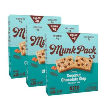 Munk Pack Chewy Granola Bars, Coconut Chocolate Chip - Low Sugar Snacks with 5g Protein, 1g Sugar with Allulose - Gluten Free & Low Glycemic - 12 Count