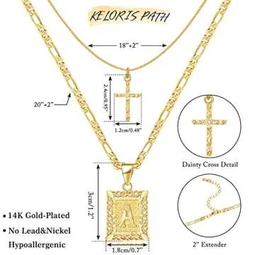 KELORIS 14K Gold Initial Cross Necklace for Women