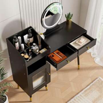 Cozy Castle Vanity Desk with Mirror and Lights, Makeup Vanity with Acrylic Door& 2 Drawers, 3 Lighting Modes, Makeup Table for Bedroom, Dressing Room, Black