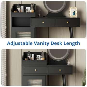 Cozy Castle Vanity Desk with Mirror and Lights, Makeup Vanity with Acrylic Door& 2 Drawers, 3 Lighting Modes, Makeup Table for Bedroom, Dressing Room, Black