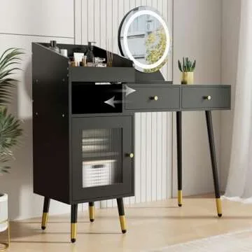 Cozy Castle Vanity Desk with Mirror and Lights, Makeup Vanity with Acrylic Door& 2 Drawers, 3 Lighting Modes, Makeup Table for Bedroom, Dressing Room, Black