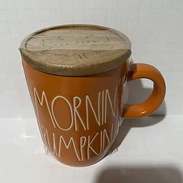 Rae Dunn MORNIN PUMPKIN Coffee Mug HALLOWEEN - with wooden coaster - Ceramic