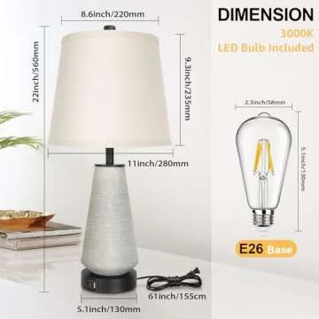 FOLKSMATE 22" Set of 2 Touch Control Table Lamps, 3-way Dimmable Ceramic Bedside Lamp, Farmhouse Rustic Nightstand Lamp with USB A+C Charging Ports, End Table Lamp for Living Room Office Bedroom Home