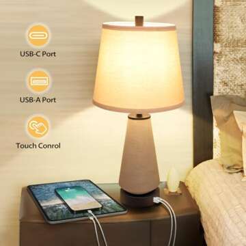 FOLKSMATE 22" Set of 2 Touch Control Table Lamps, 3-way Dimmable Ceramic Bedside Lamp, Farmhouse Rustic Nightstand Lamp with USB A+C Charging Ports, End Table Lamp for Living Room Office Bedroom Home