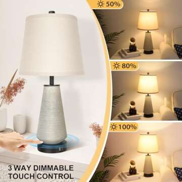 FOLKSMATE 22" Set of 2 Touch Control Table Lamps, 3-way Dimmable Ceramic Bedside Lamp, Farmhouse Rustic Nightstand Lamp with USB A+C Charging Ports, End Table Lamp for Living Room Office Bedroom Home