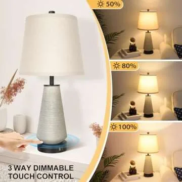 FOLKSMATE 22" Set of 2 Touch Control Table Lamps, 3-way Dimmable Ceramic Bedside Lamp, Farmhouse Rustic Nightstand Lamp with USB A+C Charging Ports, End Table Lamp for Living Room Office Bedroom Home