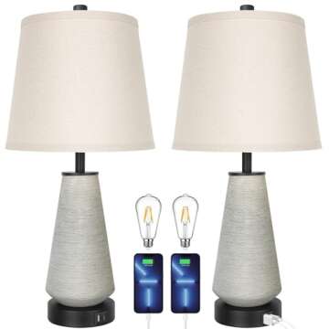 FOLKSMATE 22" Set of 2 Touch Control Table Lamps, 3-way Dimmable Ceramic Bedside Lamp, Farmhouse Rustic Nightstand Lamp with USB A+C Charging Ports, End Table Lamp for Living Room Office Bedroom Home