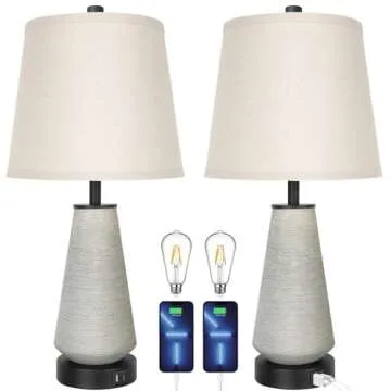FOLKSMATE 22" Set of 2 Touch Control Table Lamps, 3-way Dimmable Ceramic Bedside Lamp, Farmhouse Rustic Nightstand Lamp with USB A+C Charging Ports, End Table Lamp for Living Room Office Bedroom Home