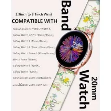 20mm Watch Band Compatible with Samsung Galaxy Watch 7 FE 6 5 4 40mm 44mm,Watch 6 4 Classic Band, Galaxy Watch 5 Pro 45mm 3 41mm Active 2 Cute Silicone Sport Band Women (Aesthetic Floral)
