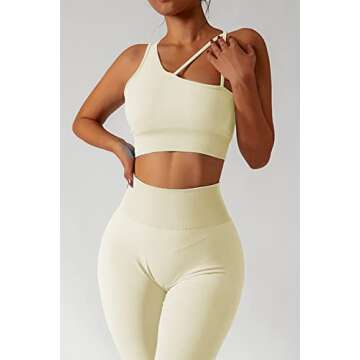 QINSEN Women's Seamless 2 Piece Workout Outfits GMY Yoga Crop Tops High Waisted Running Leggings Beige L