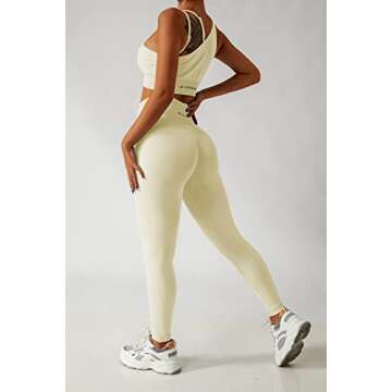 QINSEN Women's Seamless 2 Piece Workout Outfits GMY Yoga Crop Tops High Waisted Running Leggings Beige L