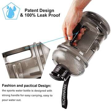 RICWINANN Water Jug 2.2L Large Sport Water Bottle Big Capacity Leakproof Container BPA Free Plastic with Carrying Loop Fitness for Camping Training Bicycle Hiking Gym Outdoor (Black)