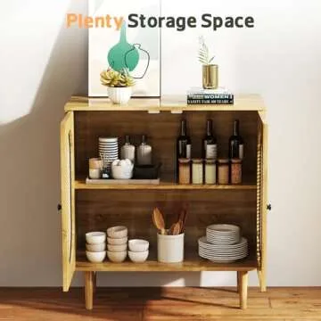Lamtor Rattan Buffet Cabinet with Storage - Sideboard Storage Cabinet with Curved Doors - Accent Console Table with Solid Wood Feet for Kitchen, Living Room, Dining Room, Entryway