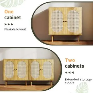 Lamtor Rattan Buffet Cabinet with Storage - Sideboard Storage Cabinet with Curved Doors - Accent Console Table with Solid Wood Feet for Kitchen, Living Room, Dining Room, Entryway