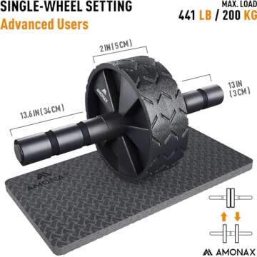 Amonax Convertible Ab Wheel Roller with Knee Mat for Core Abs Rollout Exercise. Double Wheel Set with Dual Fitness Strength Training Modes at Gym or Home