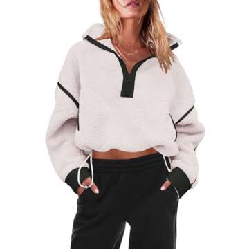 Panadila Womens Half Zip Sherpa Fleece Pullover with Pockets - Cozy Oversized Sweatshirt in White, X...