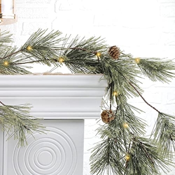 6.4ft Smokey Christmas Garland with Lights, Prelit Natual Rustic Cedar Pine Garland with Pine Cones ...