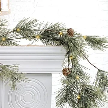 6.4ft Smokey Christmas Garland with Lights, Prelit Natual Rustic Cedar Pine Garland with Pine Cones ...