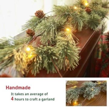 6.4ft Smokey Christmas Garland with Lights, Prelit Natual Rustic Cedar Pine Garland with Pine Cones for Home New Year, Mantle, Fireplace, Indoor Outdoor Decoration Simple Garland