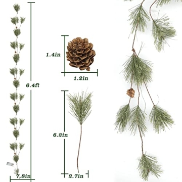 6.4ft Smokey Christmas Garland with Lights, Prelit Natual Rustic Cedar Pine Garland with Pine Cones for Home New Year, Mantle, Fireplace, Indoor Outdoor Decoration Simple Garland