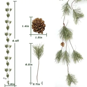 6.4ft Smokey Christmas Garland with Lights, Prelit Natual Rustic Cedar Pine Garland with Pine Cones for Home New Year, Mantle, Fireplace, Indoor Outdoor Decoration Simple Garland