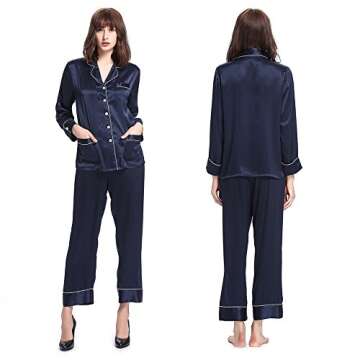 LilySilk Women's Long Silk Pajamas Set V Neck Notched Collar with White Trimmed Navy Blue Size L