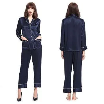 LilySilk Women's Long Silk Pajamas Set V Neck Notched Collar with White Trimmed Navy Blue Size L