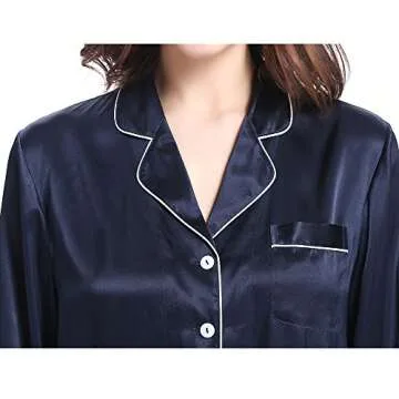 LilySilk Women's Long Silk Pajamas Set V Neck Notched Collar with White Trimmed Navy Blue Size L