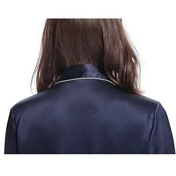 LilySilk Women's Long Silk Pajamas Set V Neck Notched Collar with White Trimmed Navy Blue Size L