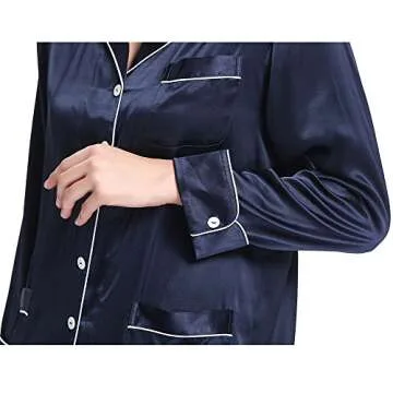 LilySilk Women's Long Silk Pajamas Set V Neck Notched Collar with White Trimmed Navy Blue Size L