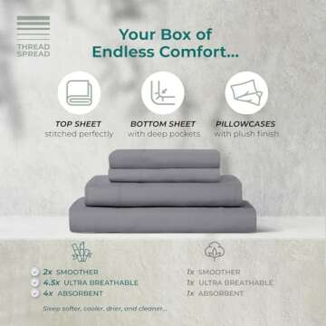 THREAD SPREAD 80% Cotton, 20% Viscose Derived from Bamboo Sheets Queen - 4 Piece Bamboo Sheets for Queen Size Bed, Silky Soft, Luxury Cooling Bedsheet Set, Fits Upto 18" Deep Pocket - Dark Grey