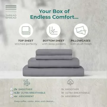 THREAD SPREAD 80% Cotton, 20% Viscose Derived from Bamboo Sheets Queen - 4 Piece Bamboo Sheets for Queen Size Bed, Silky Soft, Luxury Cooling Bedsheet Set, Fits Upto 18" Deep Pocket - Dark Grey