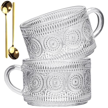 LUECMO Vintage Coffee Tea Cups [2 Pack], 14 oz Glass Tea Coffee Mugs, Clear Embossed Glass Cups for Cappuccino, Latte,Cereal, Yogurt, Beverage(2 sunflower)