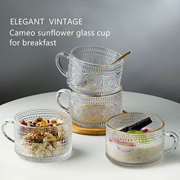LUECMO Vintage Coffee Tea Cups [2 Pack], 14 oz Glass Tea Coffee Mugs, Clear Embossed Glass Cups for Cappuccino, Latte,Cereal, Yogurt, Beverage(2 sunflower)