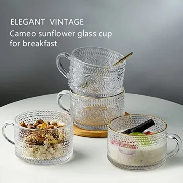 LUECMO Vintage Coffee Tea Cups [2 Pack], 14 oz Glass Tea Coffee Mugs, Clear Embossed Glass Cups for Cappuccino, Latte,Cereal, Yogurt, Beverage(2 sunflower)