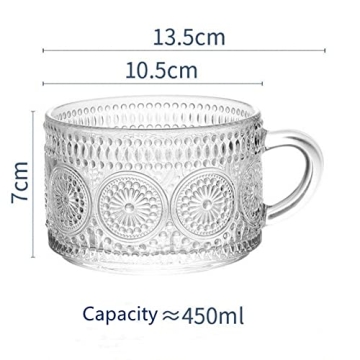 LUECMO Vintage Coffee Tea Cups [2 Pack], 14 oz Glass Tea Coffee Mugs, Clear Embossed Glass Cups for Cappuccino, Latte,Cereal, Yogurt, Beverage(2 sunflower)