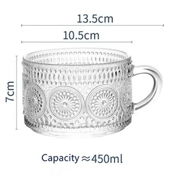 LUECMO Vintage Coffee Tea Cups [2 Pack], 14 oz Glass Tea Coffee Mugs, Clear Embossed Glass Cups for Cappuccino, Latte,Cereal, Yogurt, Beverage(2 sunflower)