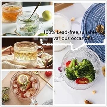 LUECMO Vintage Coffee Tea Cups [2 Pack], 14 oz Glass Tea Coffee Mugs, Clear Embossed Glass Cups for Cappuccino, Latte,Cereal, Yogurt, Beverage(2 sunflower)