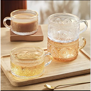 LUECMO Vintage Coffee Tea Cups [2 Pack], 14 oz Glass Tea Coffee Mugs, Clear Embossed Glass Cups for Cappuccino, Latte,Cereal, Yogurt, Beverage(2 sunflower)