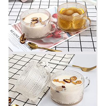 LUECMO Vintage Coffee Tea Cups [2 Pack], 14 oz Glass Tea Coffee Mugs, Clear Embossed Glass Cups for Cappuccino, Latte,Cereal, Yogurt, Beverage(2 sunflower)