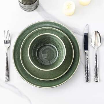 AmorArc Ceramic Dinnerware Sets for 4, 12 Pieces Handpainted Plates and Bowls Set, Scratch Resistant Stoneware Dishes Set, Dishwasher & Microwave Safe, Jade Green